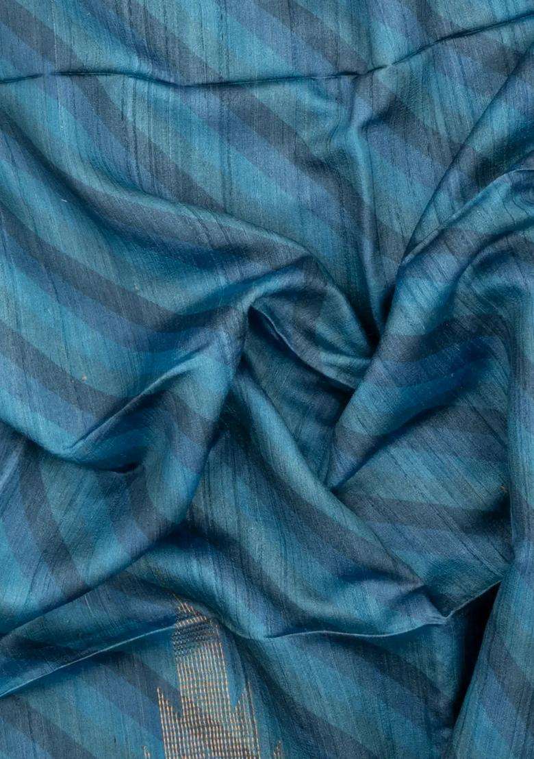 Blue Printed Tussar Silk Saree With Buttas Printed Pallu For Women - Indya