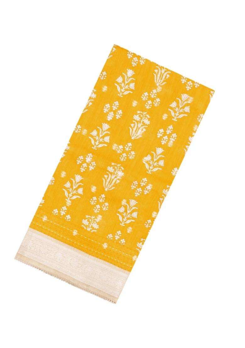Yellow Printed Tussar Silk Saree With Floral Motifs For Women - Indya