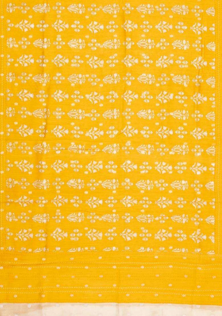 Yellow Printed Tussar Silk Saree With Floral Motifs For Women - Indya
