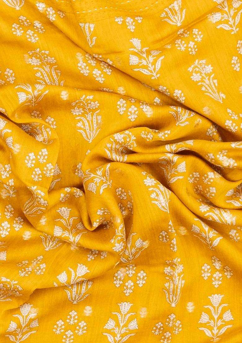 Yellow Printed Tussar Silk Saree With Floral Motifs For Women - Indya