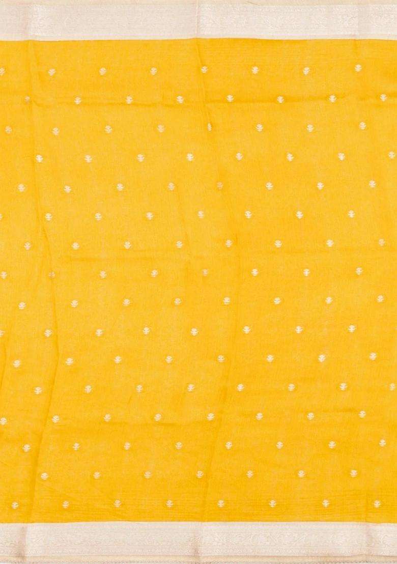 Yellow Printed Tussar Silk Saree With Floral Motifs For Women - Indya