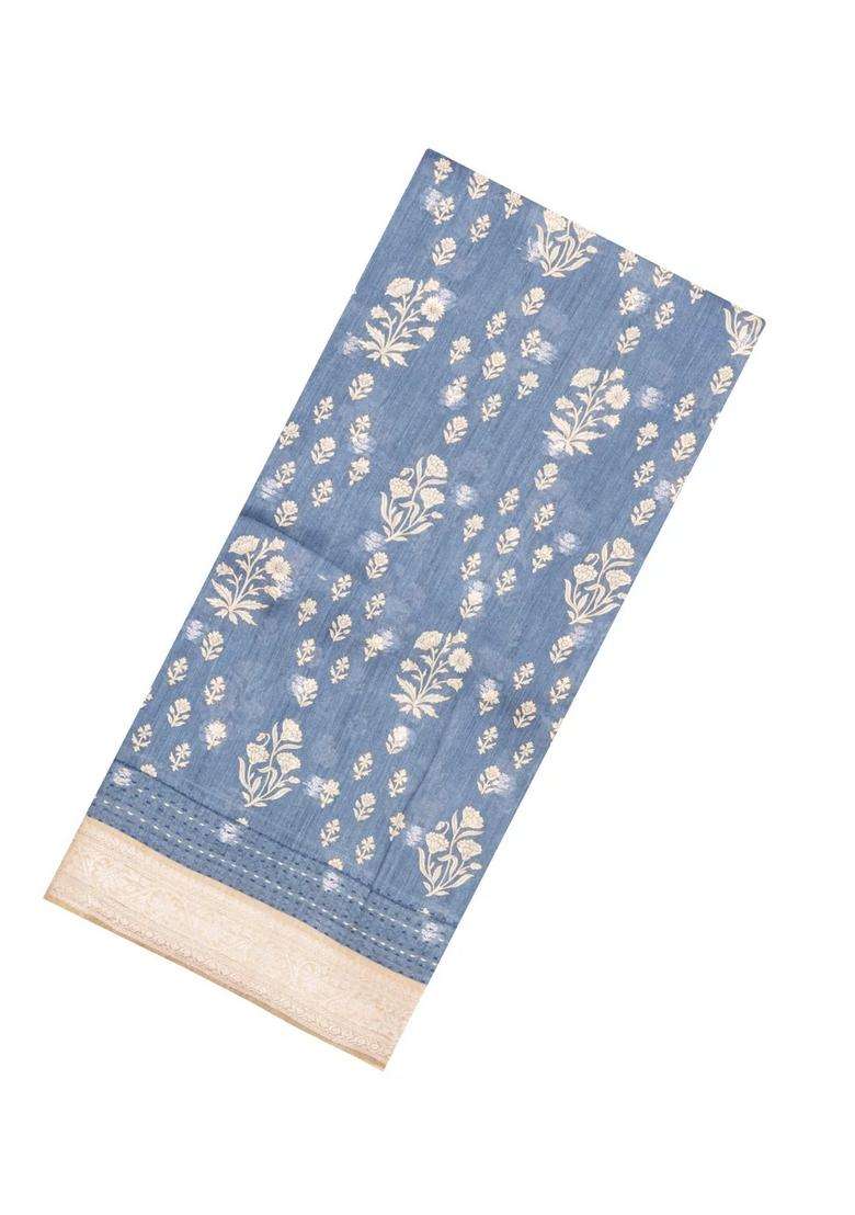 Grey Printed Tussar Silk Saree With Floral Motifs For Women - Indya