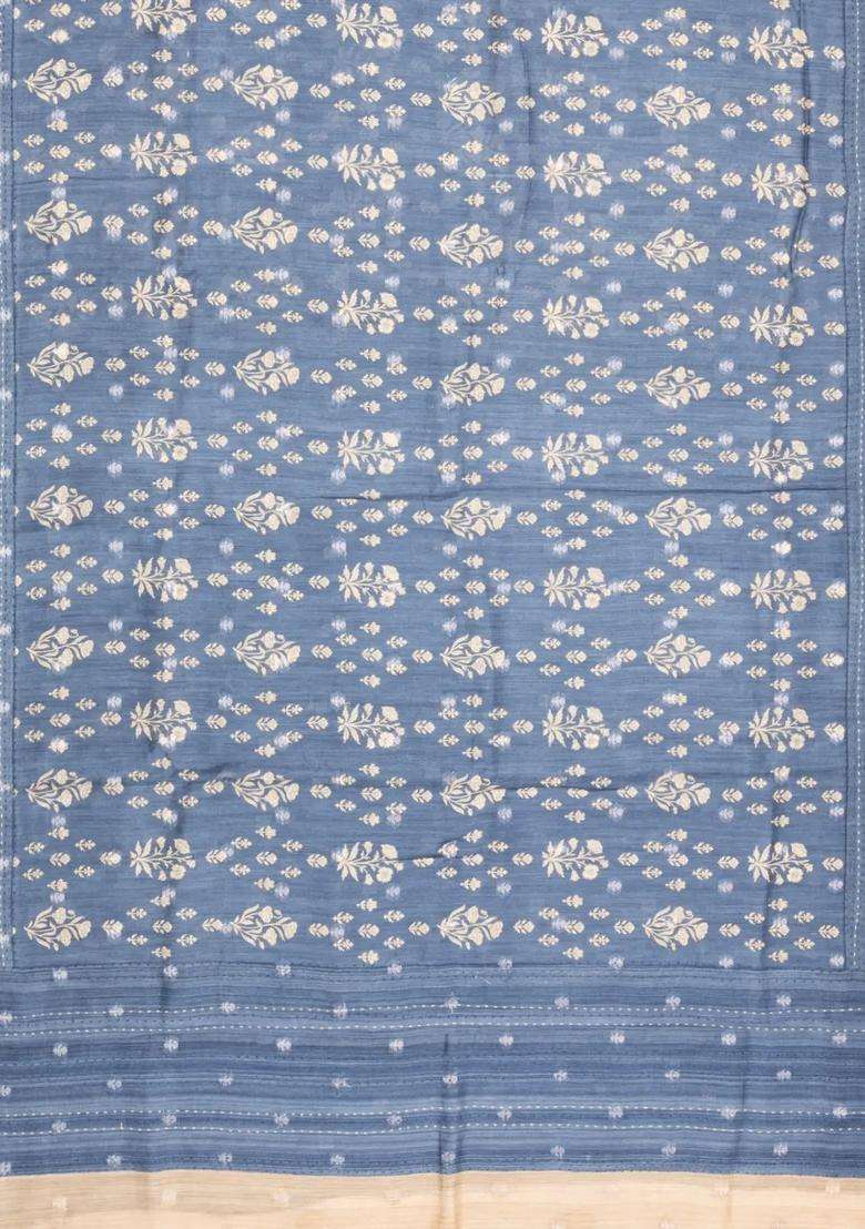 Grey Printed Tussar Silk Saree With Floral Motifs For Women - Indya