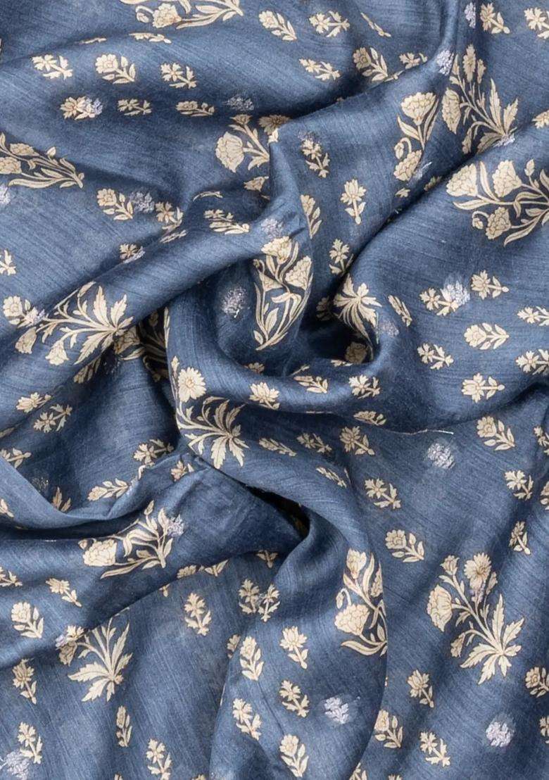 Grey Printed Tussar Silk Saree With Floral Motifs For Women - Indya
