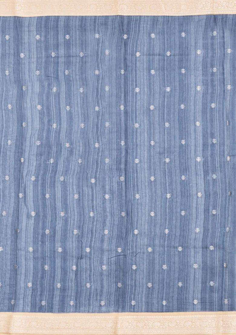 Grey Printed Tussar Silk Saree With Floral Motifs For Women - Indya