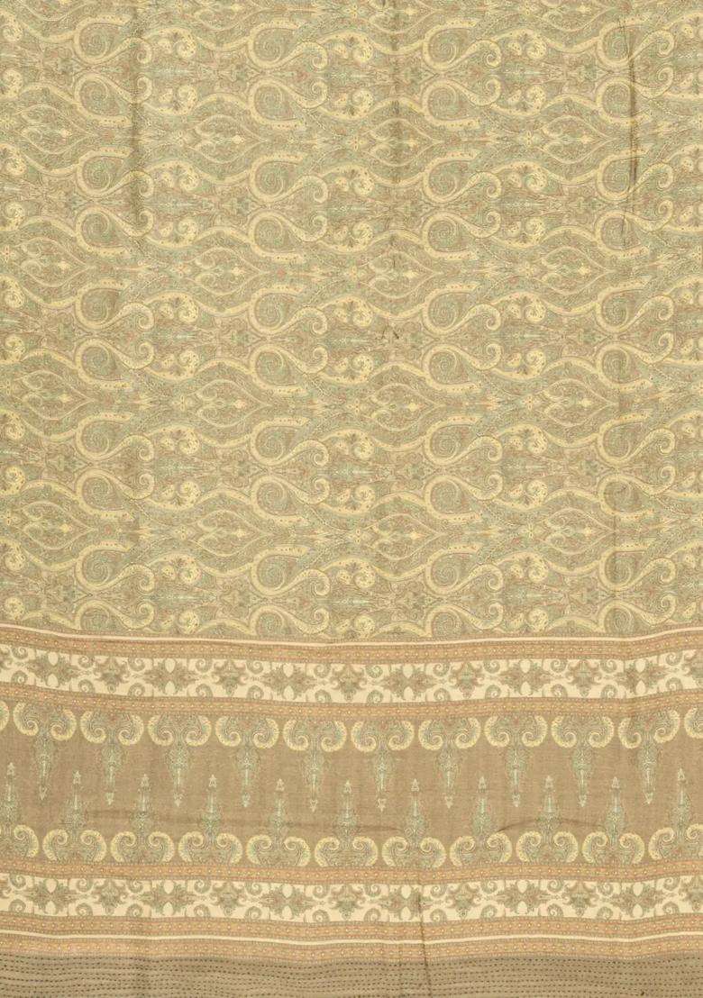 Beige Printed Tussar Silk Saree With Floral Motifs For Women - Indya