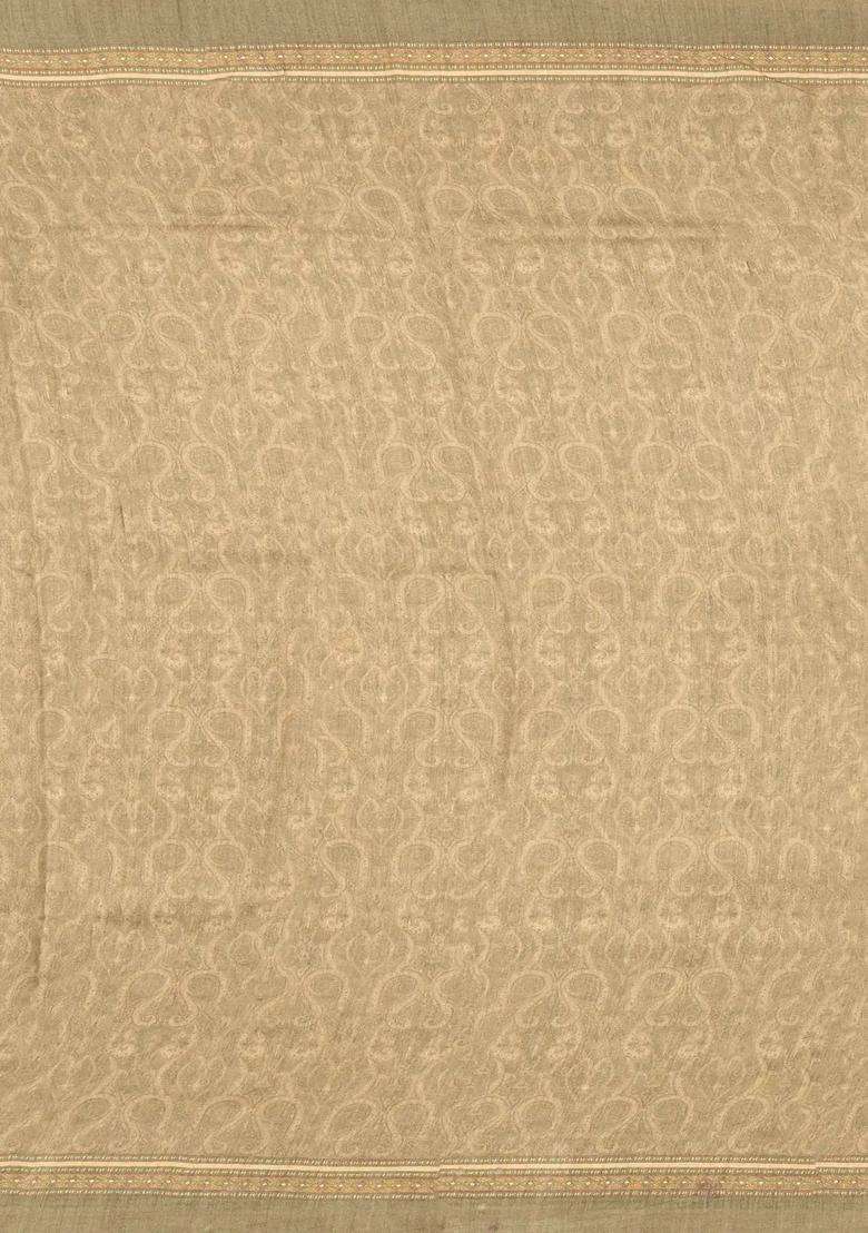 Beige Printed Tussar Silk Saree With Floral Motifs For Women - Indya