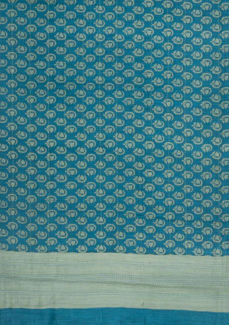 Cyan Printed Tussar Silk Saree With Floral Motifs For Women - Indya
