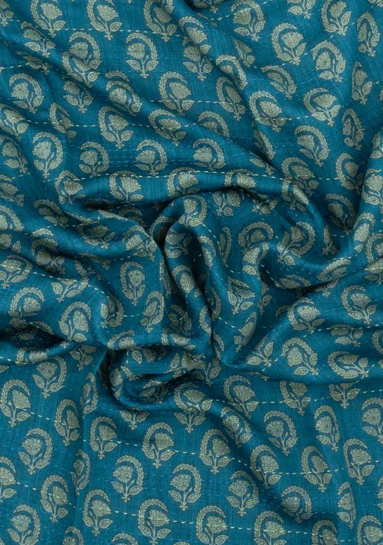 Cyan Printed Tussar Silk Saree With Floral Motifs For Women - Indya