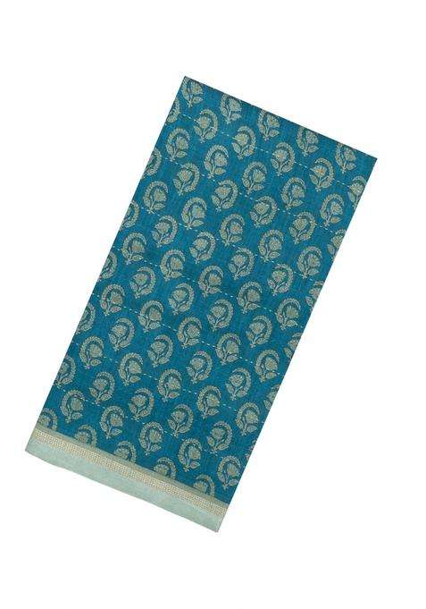 Cyan Printed Tussar Silk Saree With Floral Motifs For Women