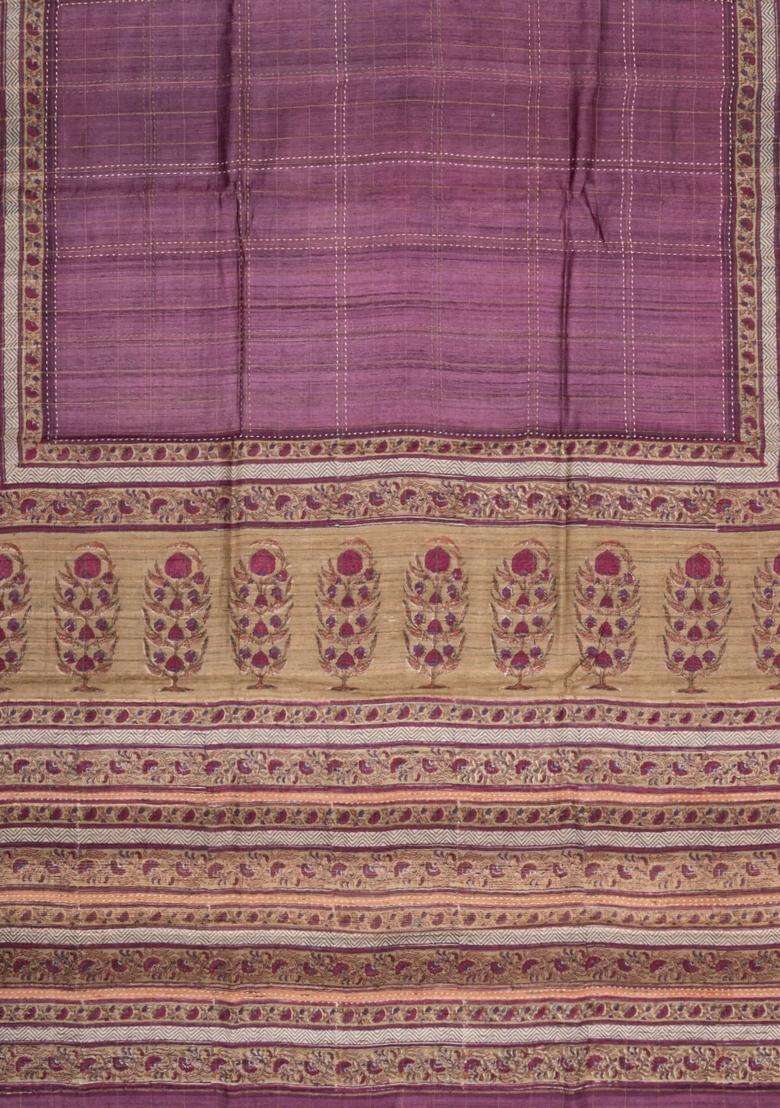 Lilac Printed Tussar Silk Saree With Floral Motifs In Border For Women - Indya