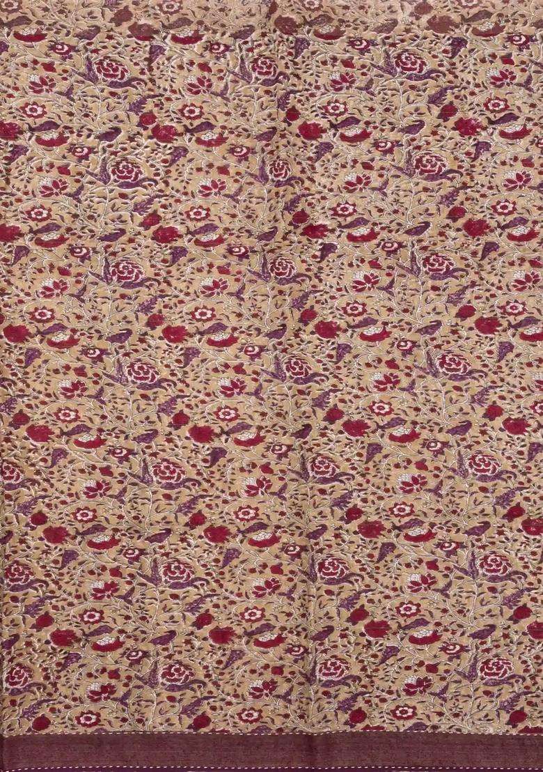 Lilac Printed Tussar Silk Saree With Floral Motifs In Border For Women - Indya