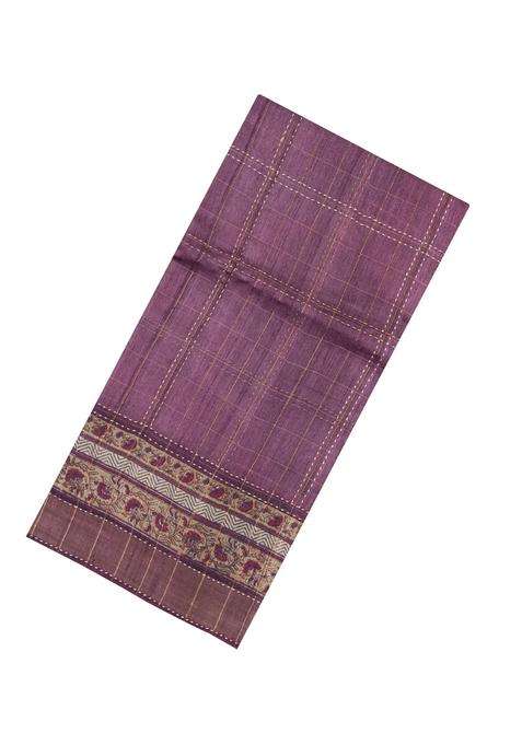 Lilac Printed Tussar Silk Saree With Floral Motifs In Border For Women