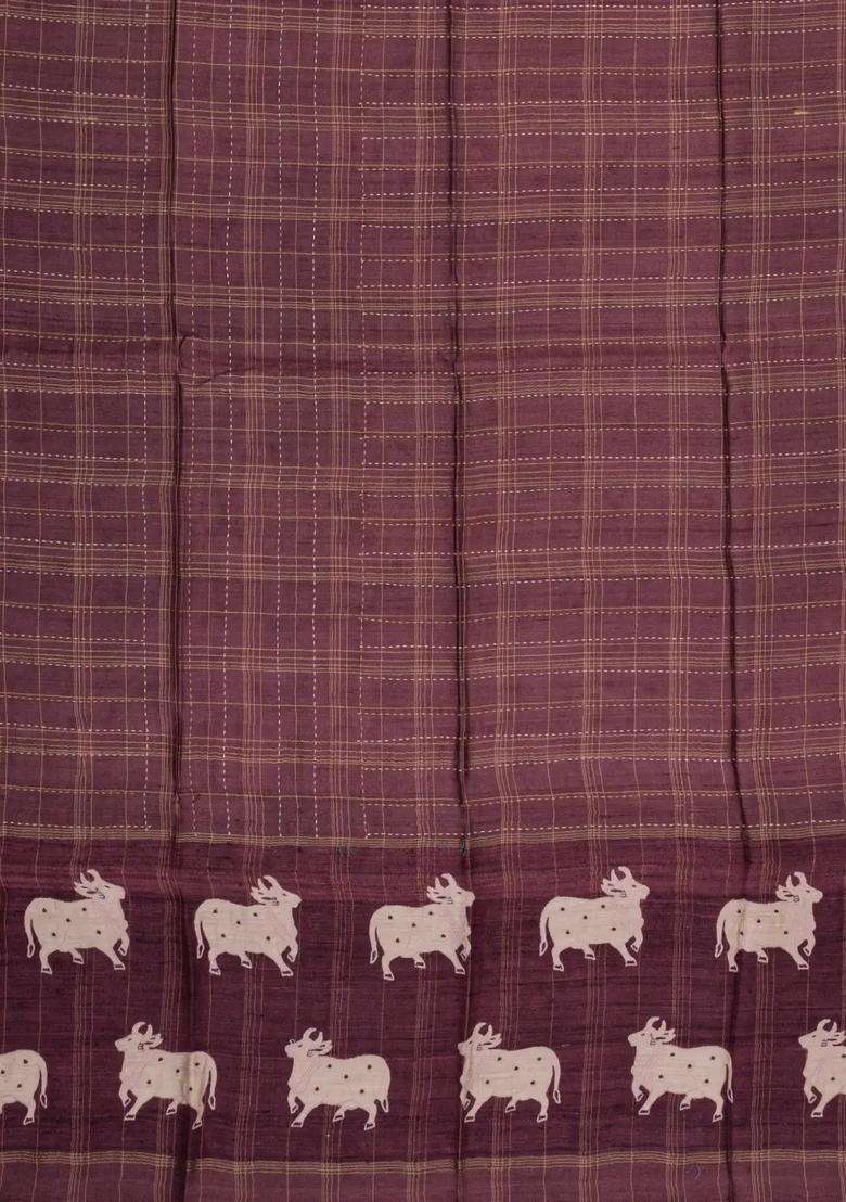 Burgundy Printed Tussar Silk Saree With Checks Printed Pallu For Women - Indya