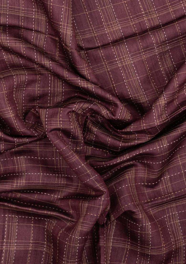 Burgundy Printed Tussar Silk Saree With Checks Printed Pallu For Women - Indya