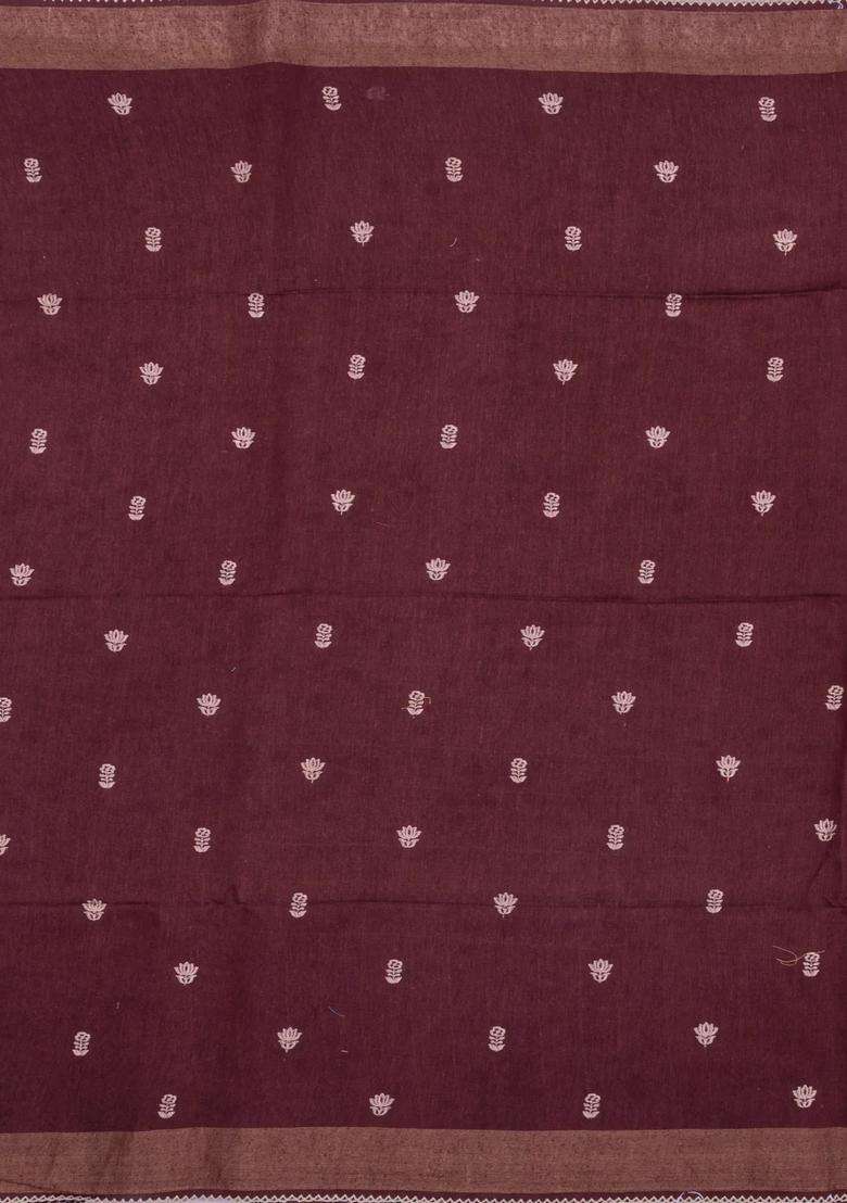 Burgundy Printed Tussar Silk Saree With Checks Printed Pallu For Women - Indya