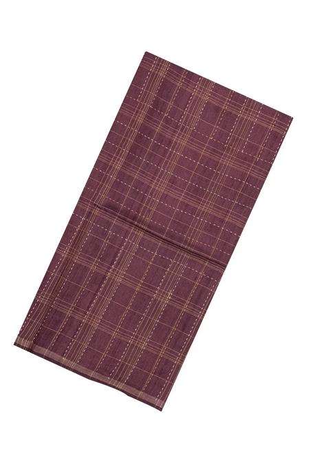 Burgundy Printed Tussar Silk Saree With Checks Printed Pallu For Women
