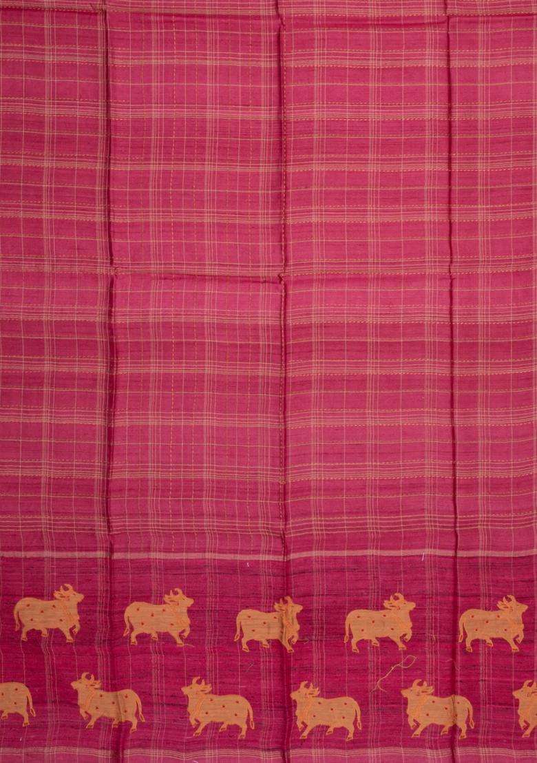 Pink Printed Tussar Silk Saree With Checks Printed Pallu For Women - Indya