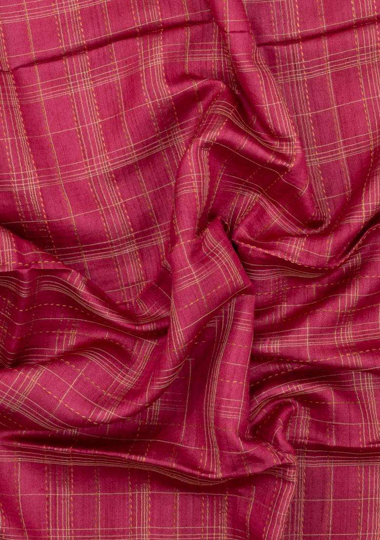 Pink Printed Tussar Silk Saree With Checks Printed Pallu For Women - Indya