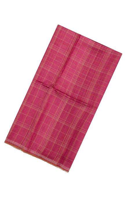 Pink Printed Tussar Silk Saree With Checks Printed Pallu For Women