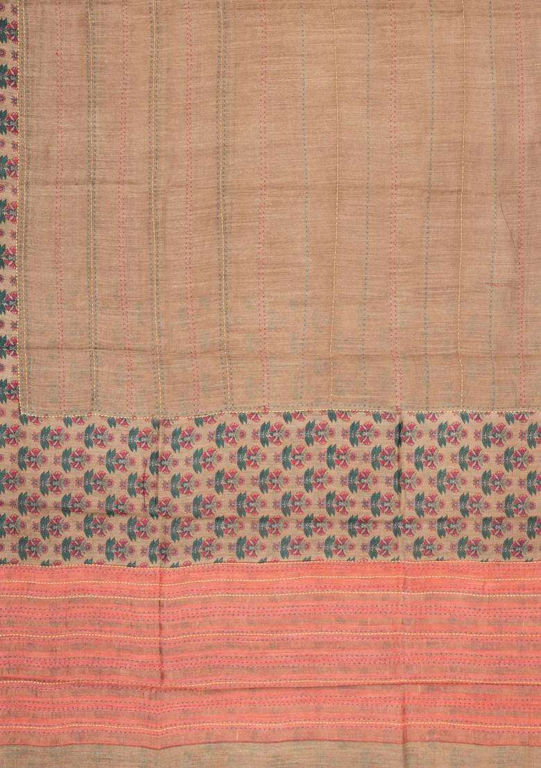 Beige Printed Tussar Silk Saree With Floral Motifs In Border For Women - Indya