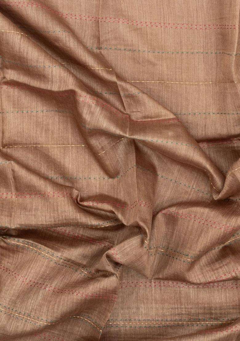 Beige Printed Tussar Silk Saree With Floral Motifs In Border For Women - Indya