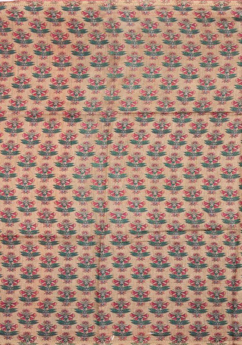 Beige Printed Tussar Silk Saree With Floral Motifs In Border For Women - Indya