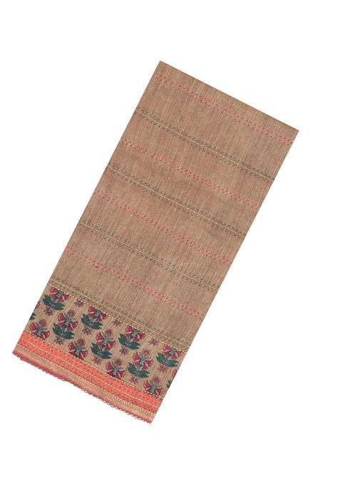Beige Printed Tussar Silk Saree With Floral Motifs In Border For Women
