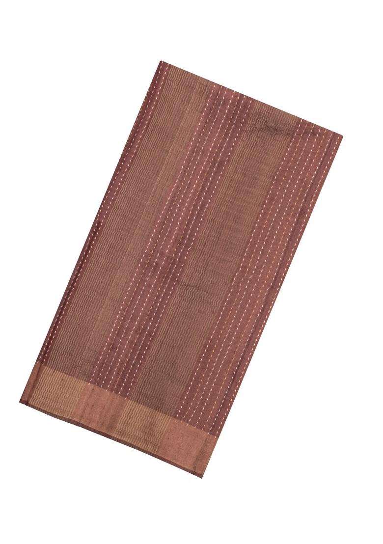 Brown Printed Tussar Silk Saree With Floral Motifs In Border For Women - Indya