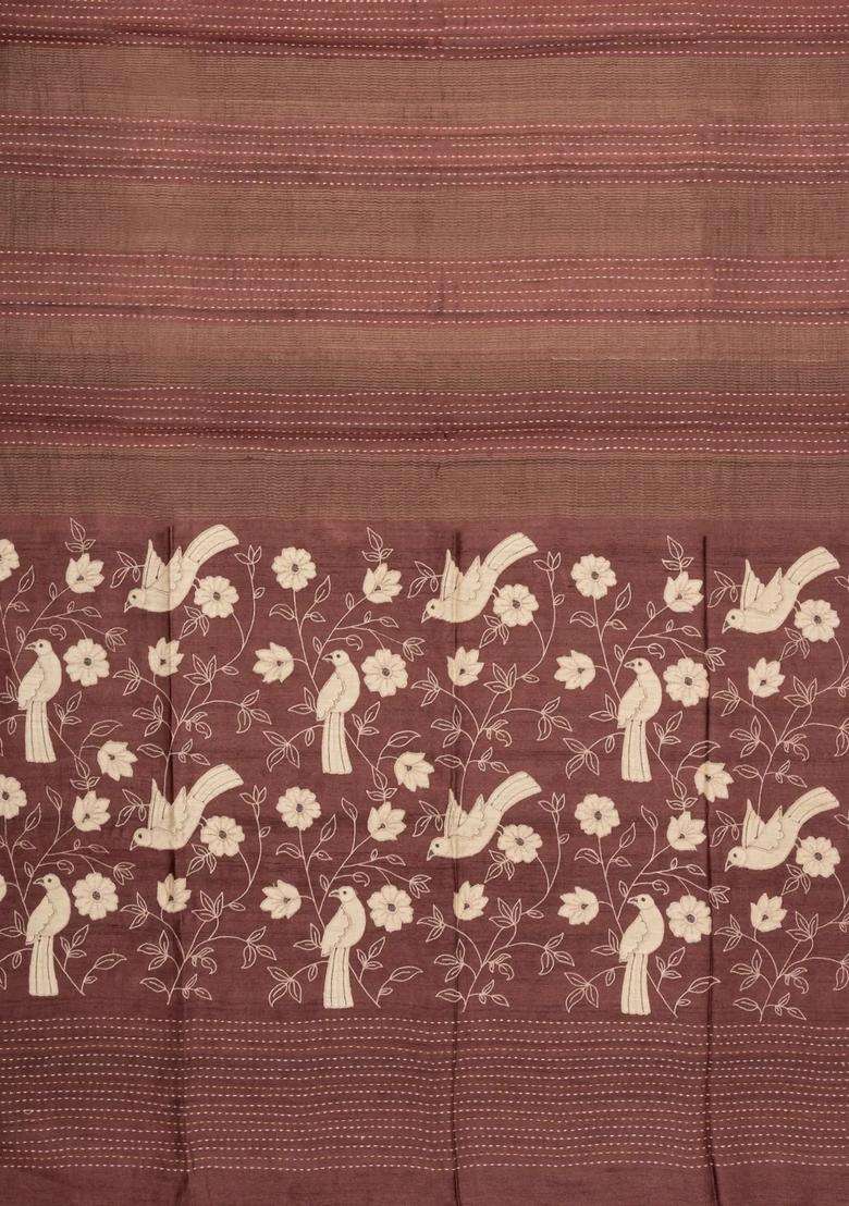 Brown Printed Tussar Silk Saree With Floral Motifs In Border For Women - Indya