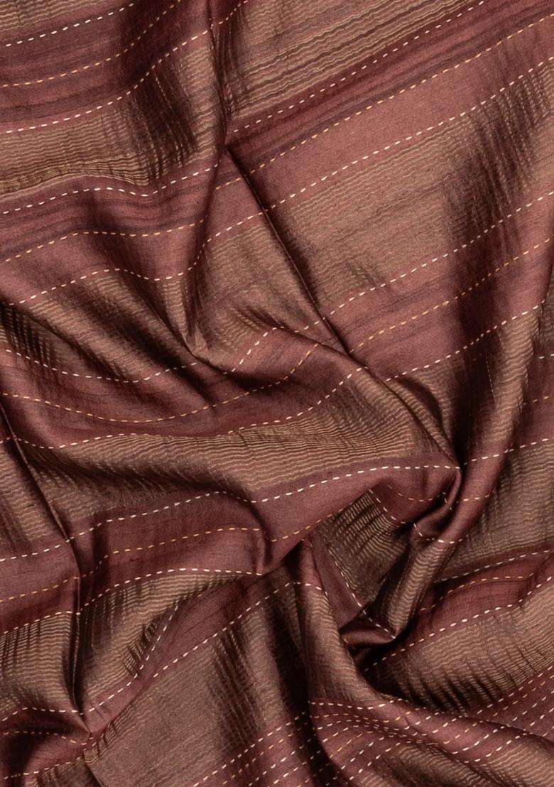 Brown Printed Tussar Silk Saree With Floral Motifs In Border For Women - Indya