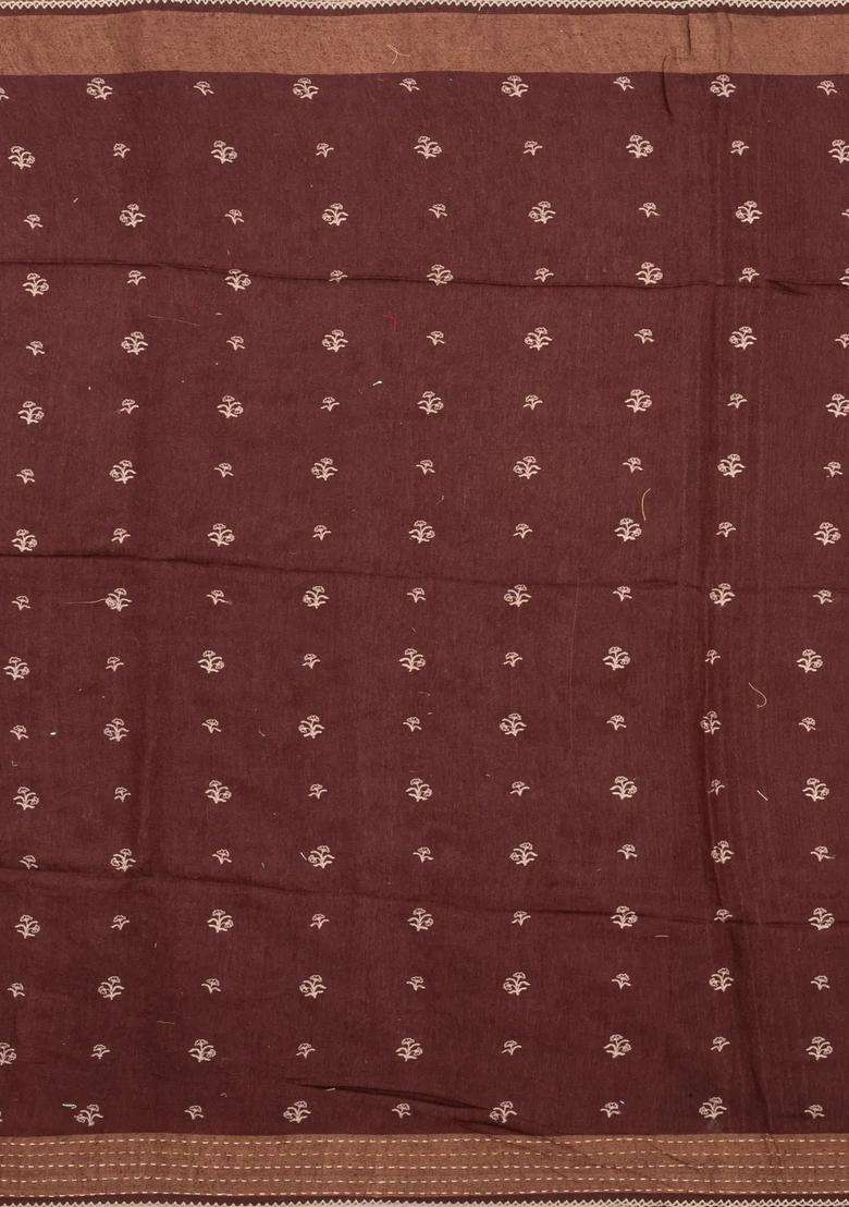 Brown Printed Tussar Silk Saree With Floral Motifs In Border For Women - Indya