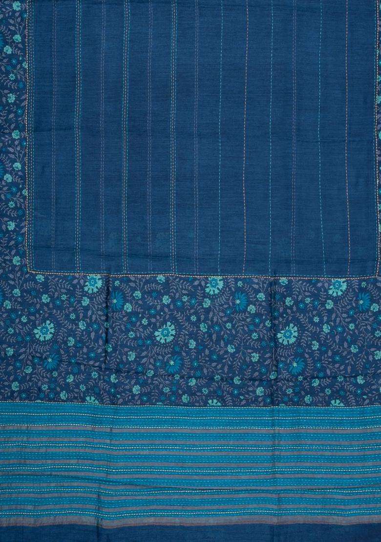 Blue Printed Tussar Silk Saree With Floral Motifs In Border For Women - Indya
