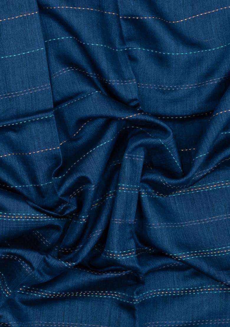 Blue Printed Tussar Silk Saree With Floral Motifs In Border For Women - Indya