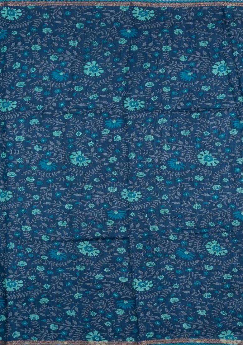 Blue Printed Tussar Silk Saree With Floral Motifs In Border For Women - Indya