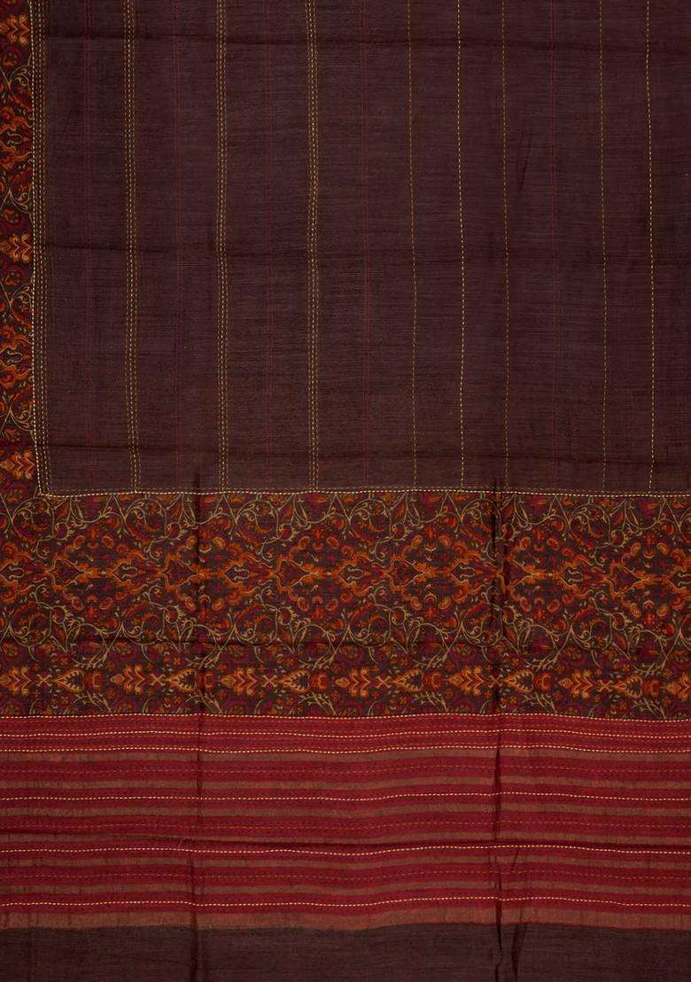 Dark Brown Printed Tussar Silk Saree With Floral Motifs In Border For Women - Indya