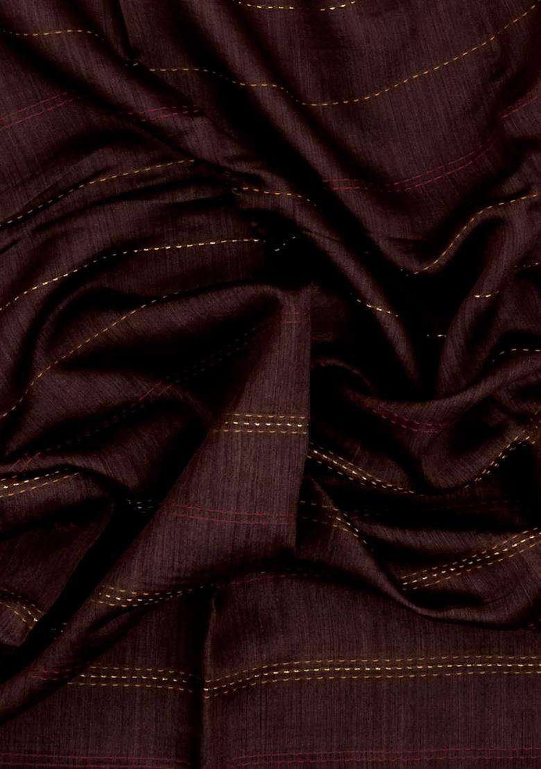 Dark Brown Printed Tussar Silk Saree With Floral Motifs In Border For Women - Indya