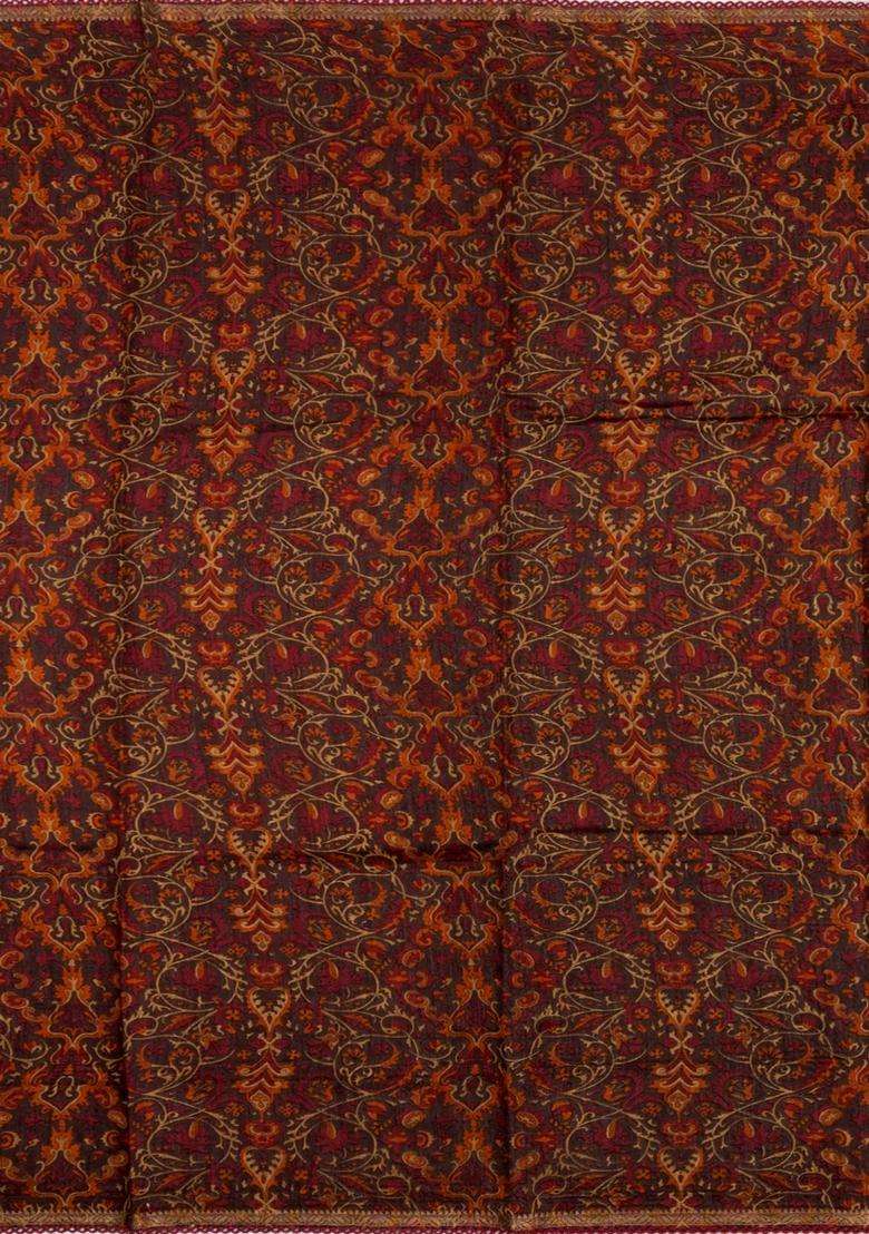 Dark Brown Printed Tussar Silk Saree With Floral Motifs In Border For Women - Indya