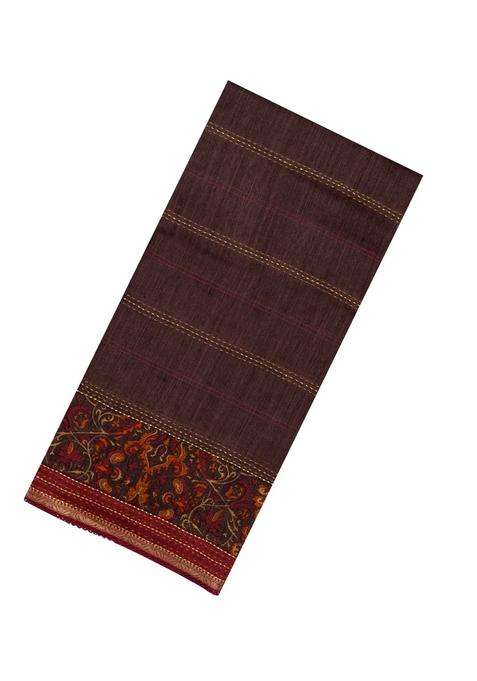 Dark Brown Printed Tussar Silk Saree With Floral Motifs In Border For Women