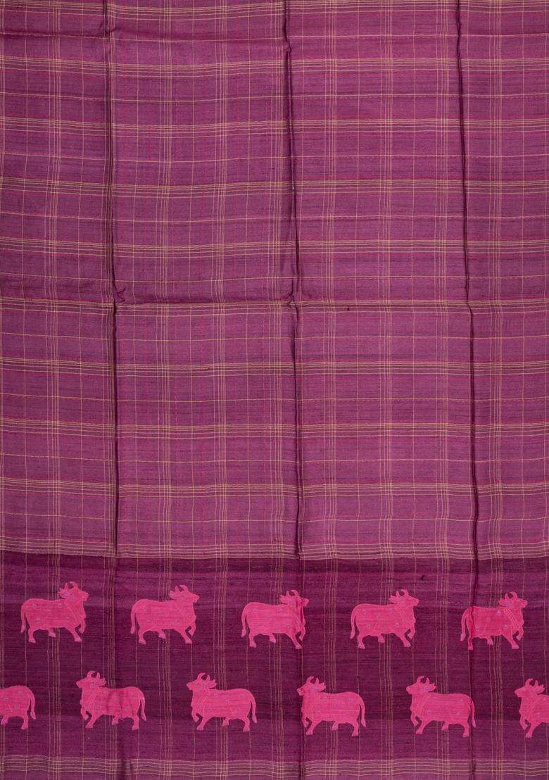 Chestnut Pink Chesnutt Pink Printed Tussar Silk Saree With Checks Printed Pallu For Women - Indya