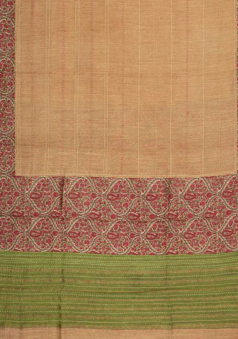 Peach Printed Tussar Silk Saree With Floral Motifs In Border For Women - Indya