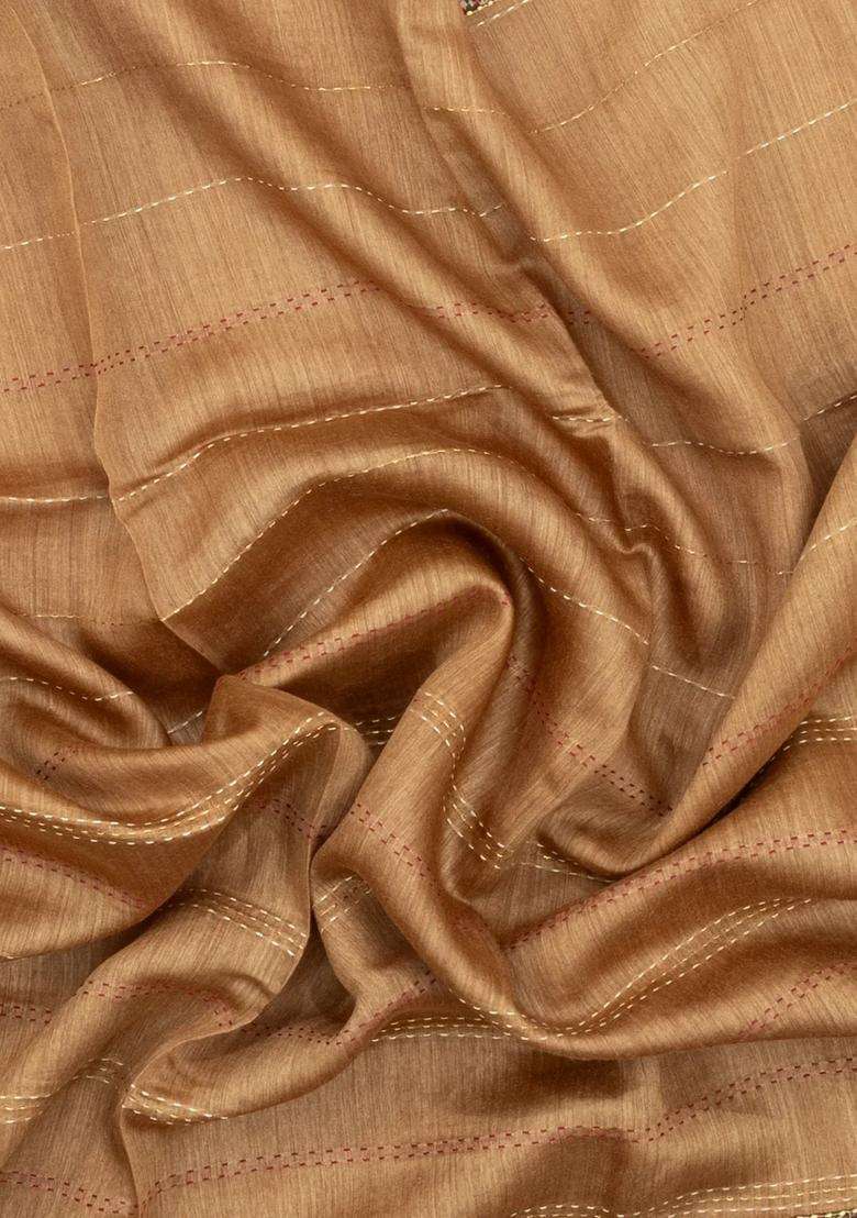 Peach Printed Tussar Silk Saree With Floral Motifs In Border For Women - Indya
