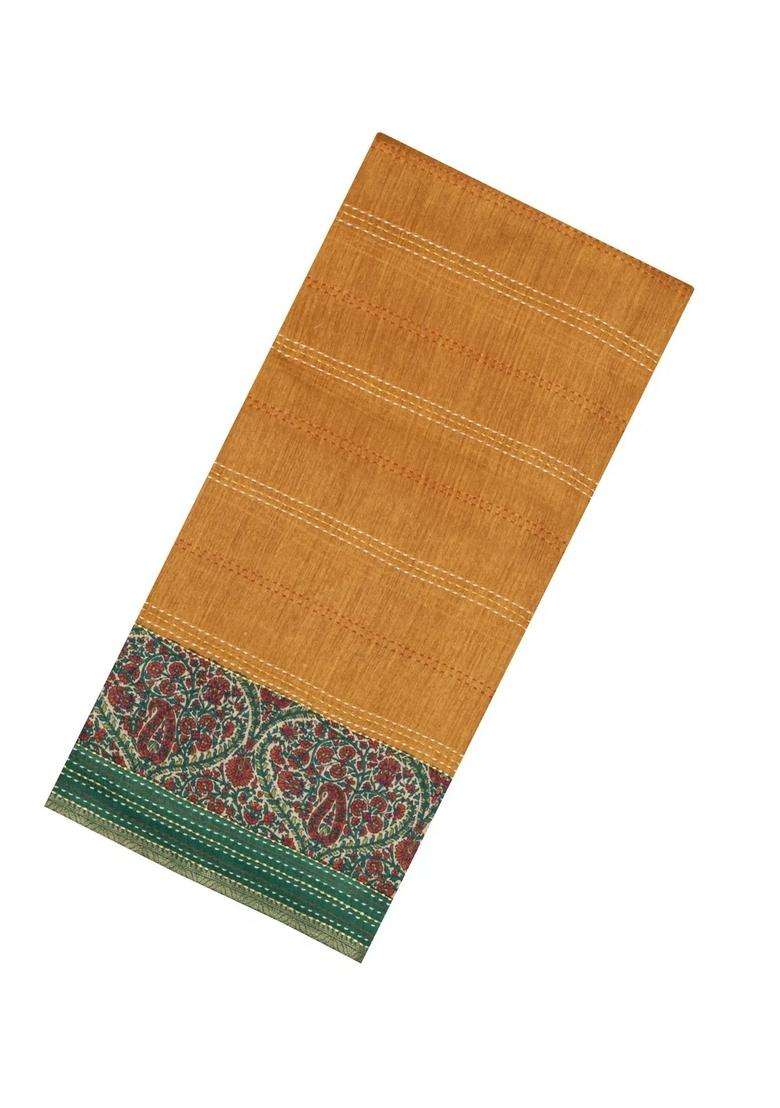 Mustard Printed Tussar Silk Saree With Floral Motifs In Border For Women - Indya