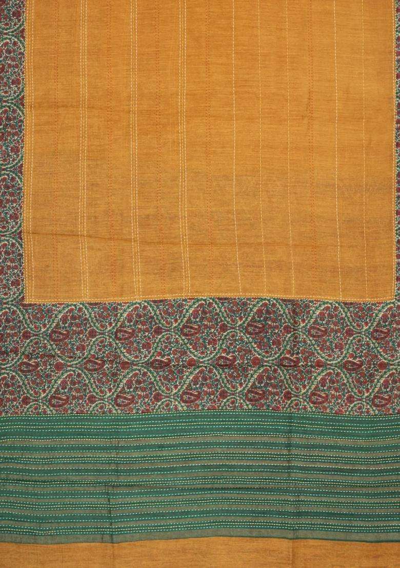 Mustard Printed Tussar Silk Saree With Floral Motifs In Border For Women - Indya