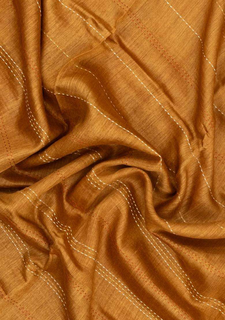 Mustard Printed Tussar Silk Saree With Floral Motifs In Border For Women - Indya