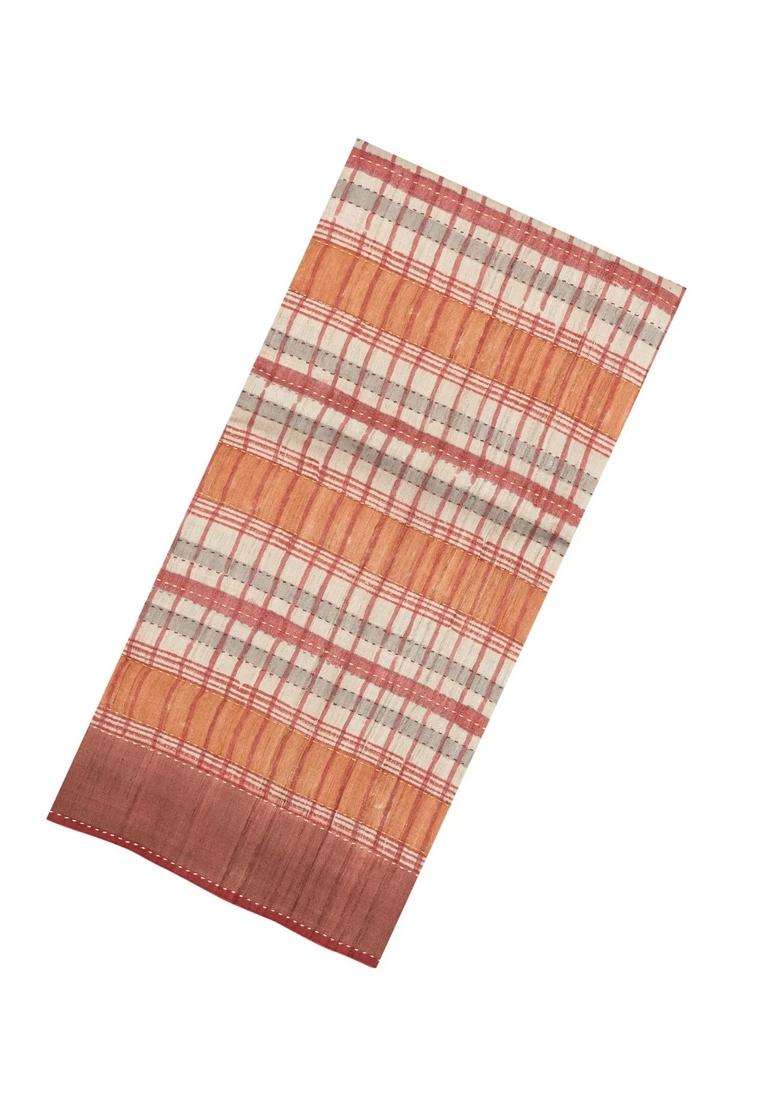 Multicolour Printed Tussar Silk Saree With Checks For Women - Indya