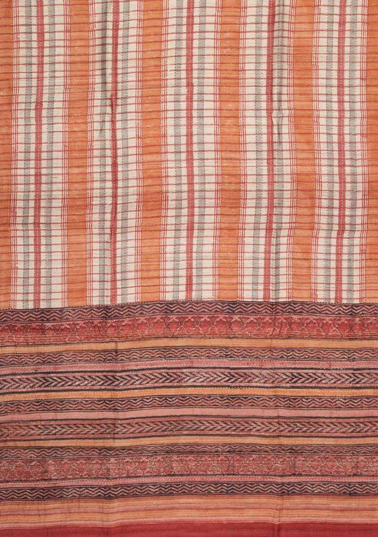 Multicolour Printed Tussar Silk Saree With Checks For Women - Indya