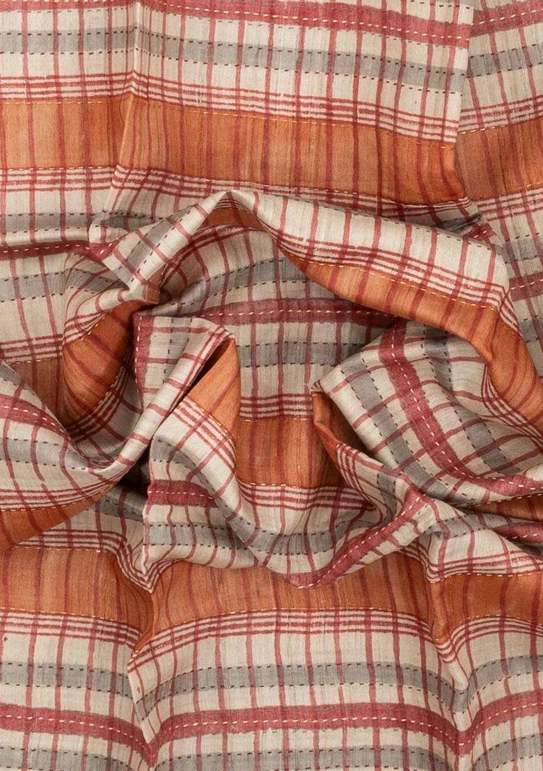 Multicolour Printed Tussar Silk Saree With Checks For Women - Indya