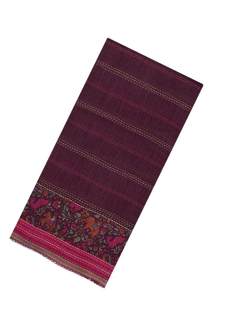 Burgundy Printed Tussar Silk Saree With Floral Motifs In Border For Women - Indya