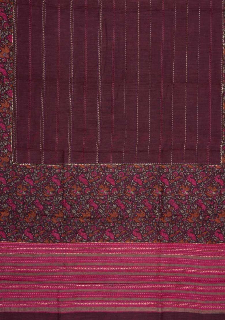 Burgundy Printed Tussar Silk Saree With Floral Motifs In Border For Women - Indya